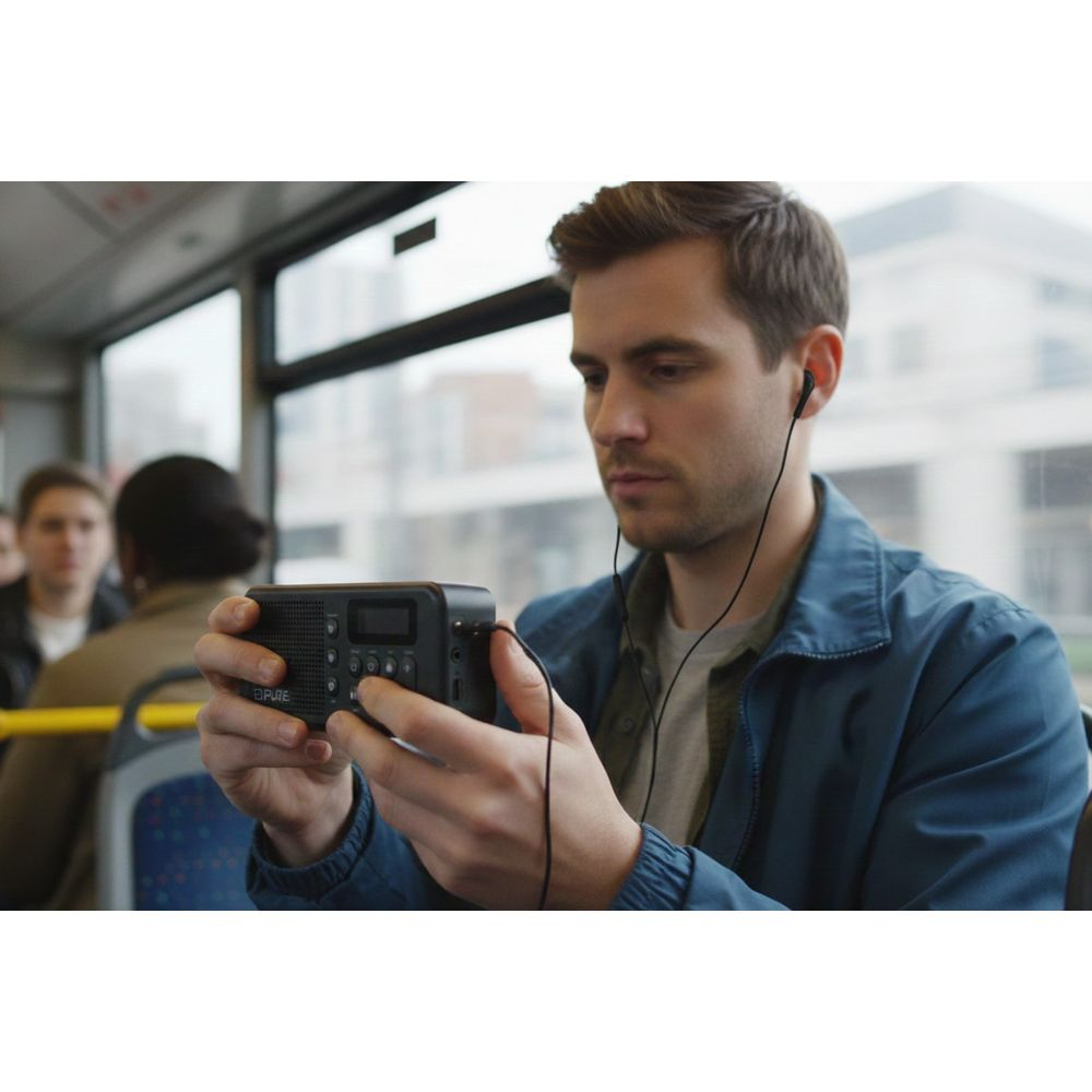 Un uomo con auricolari ascolta la radio su un autobus.