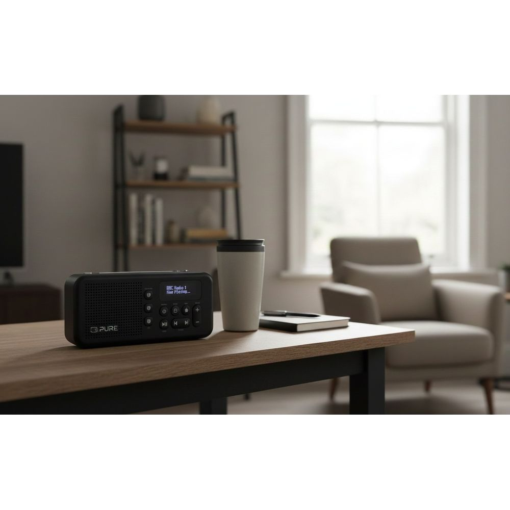 Una radio digitale nera su un tavolo di legno con una tazza e un taccuino.