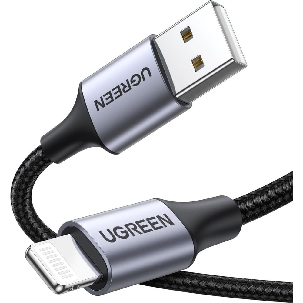 Kabel UGREEN USB do Lightning ze srebrnymi złączami i czarnym, plecionym przewodem.