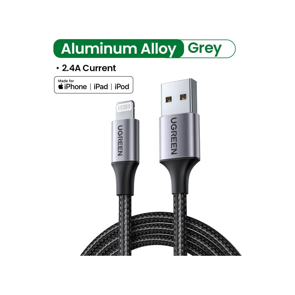 Szary aluminiowy kabel ładujący z USB-A i złączem Lightning, 2,4A.