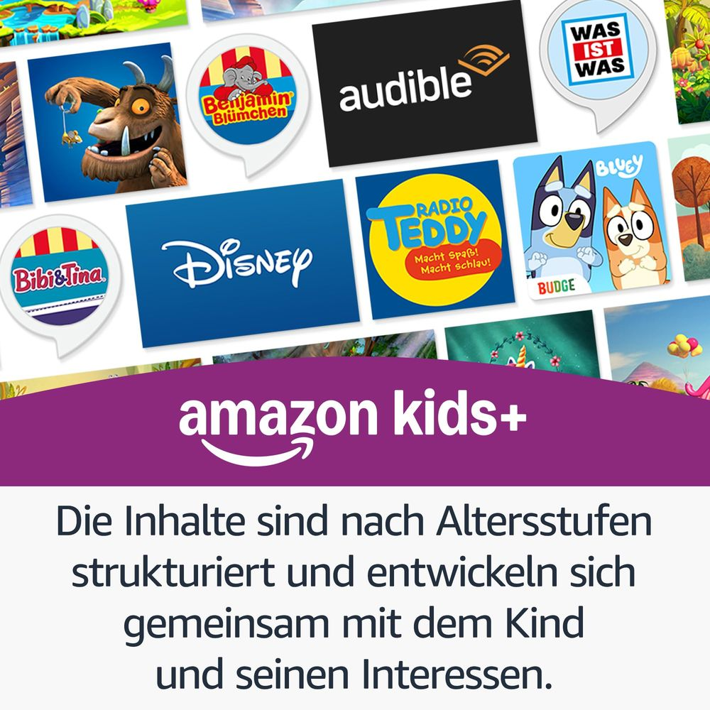 Collage de logos de contenu pour enfants comme Disney, Audible et Bluey.