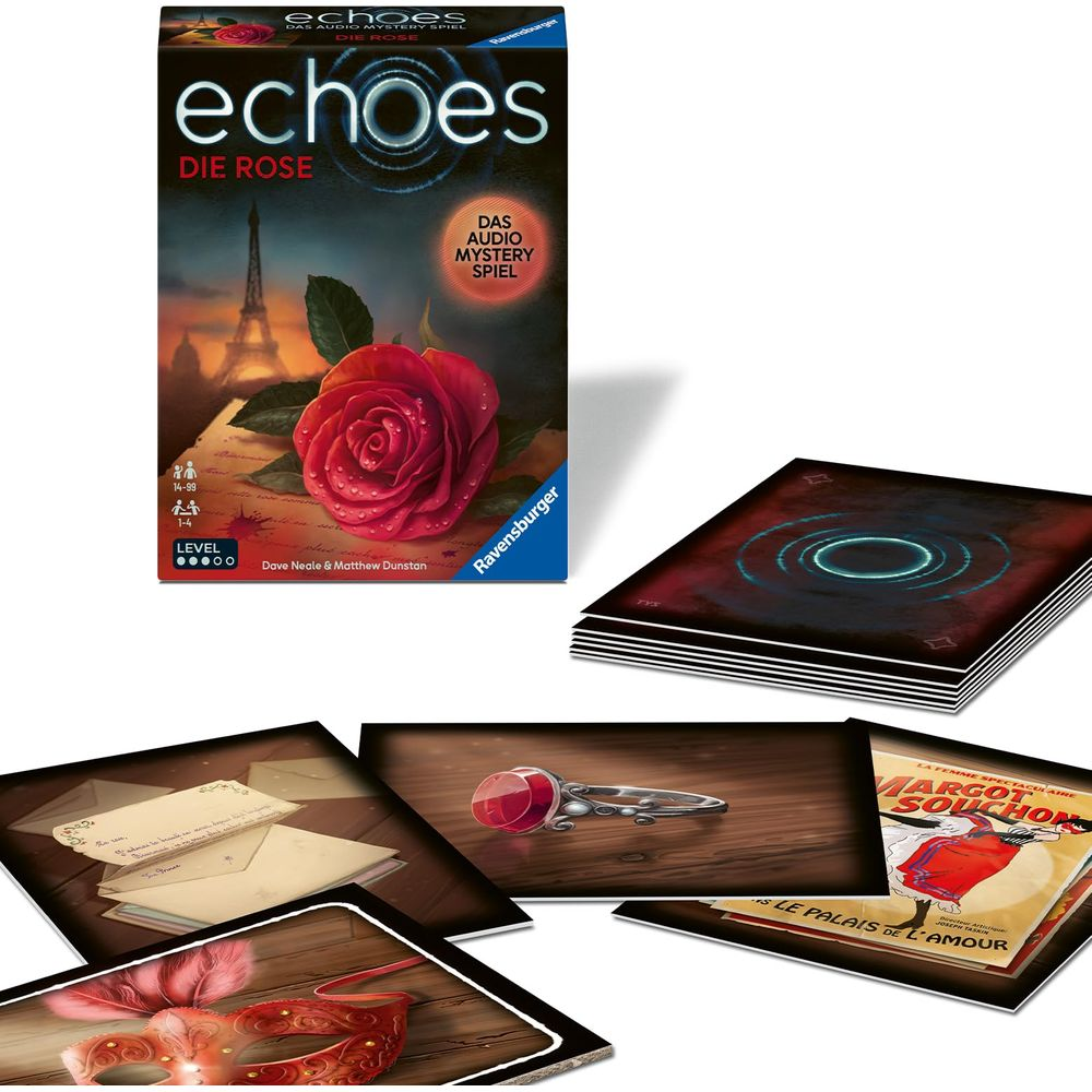 Scatola di gioco con rosa e Torre Eiffel, accanto a carte di gioco.