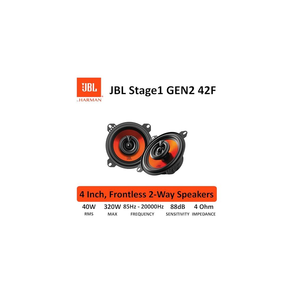Deux haut-parleurs JBL Stage1 GEN2 42F de 4 pouces avec cônes orange.