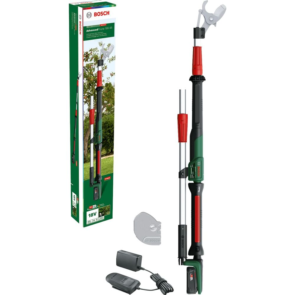Bosch Akku-Astschere und Ladegerät mit Verpackung und Zubehör.