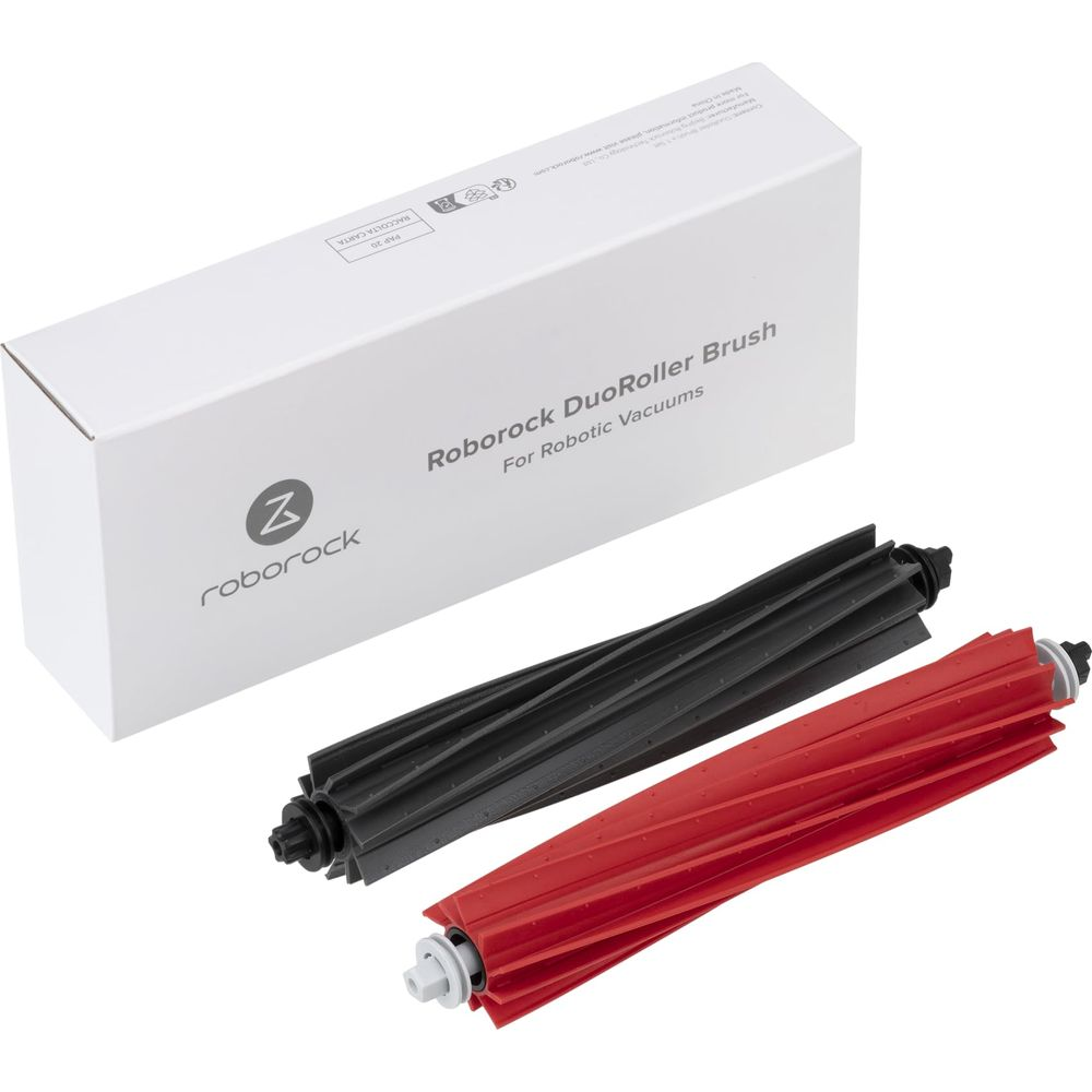 Spazzole Roborock DuoRoller (rosse e nere) davanti a una scatola bianca con logo Roborock.