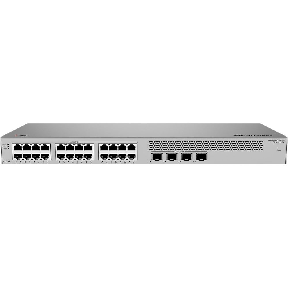 Gümüş Huawei anahtar, ön tarafta 24 port ve havalandırma ızgarası.