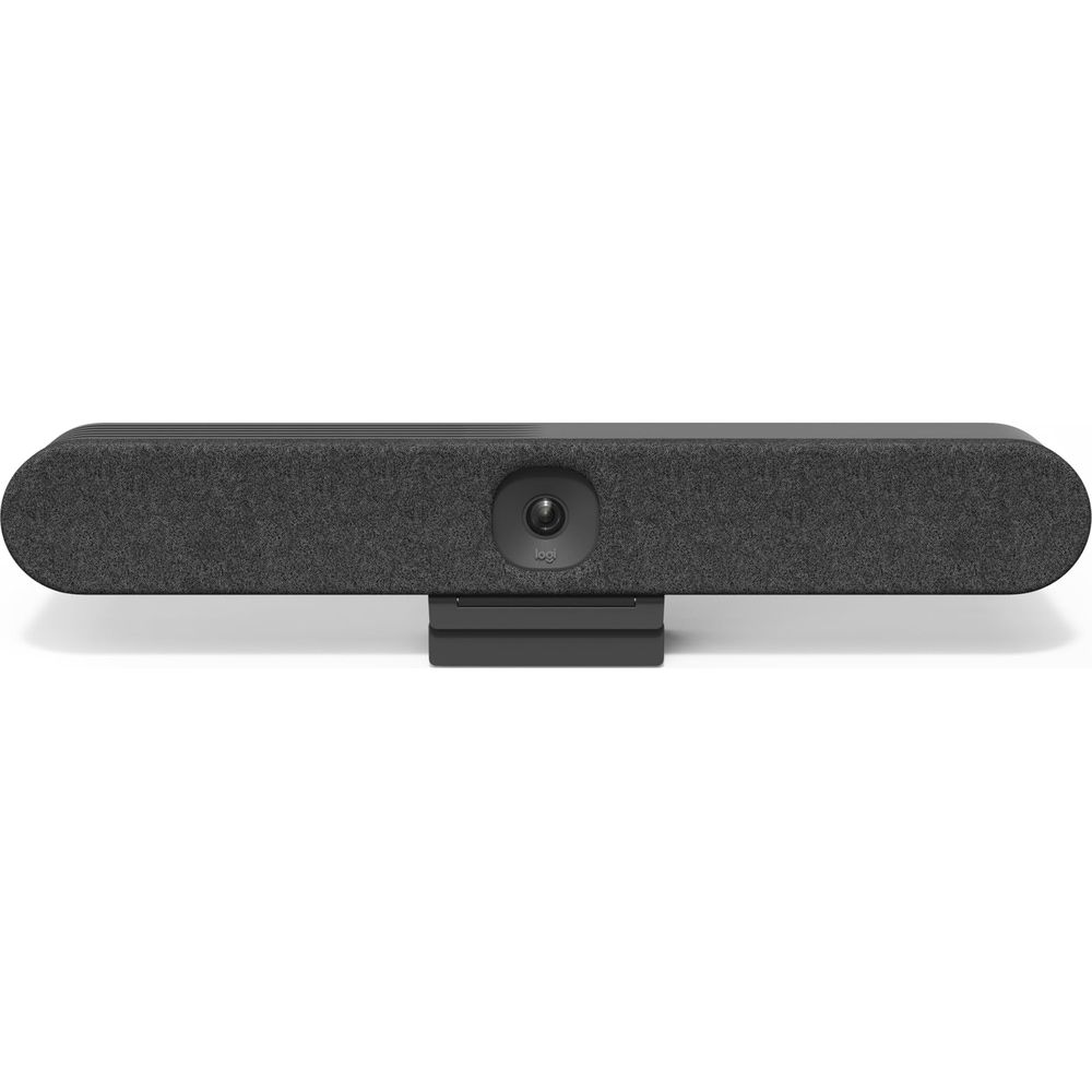 Una barra per videoconferenze Logitech grigia con fotocamera e altoparlante integrati.
