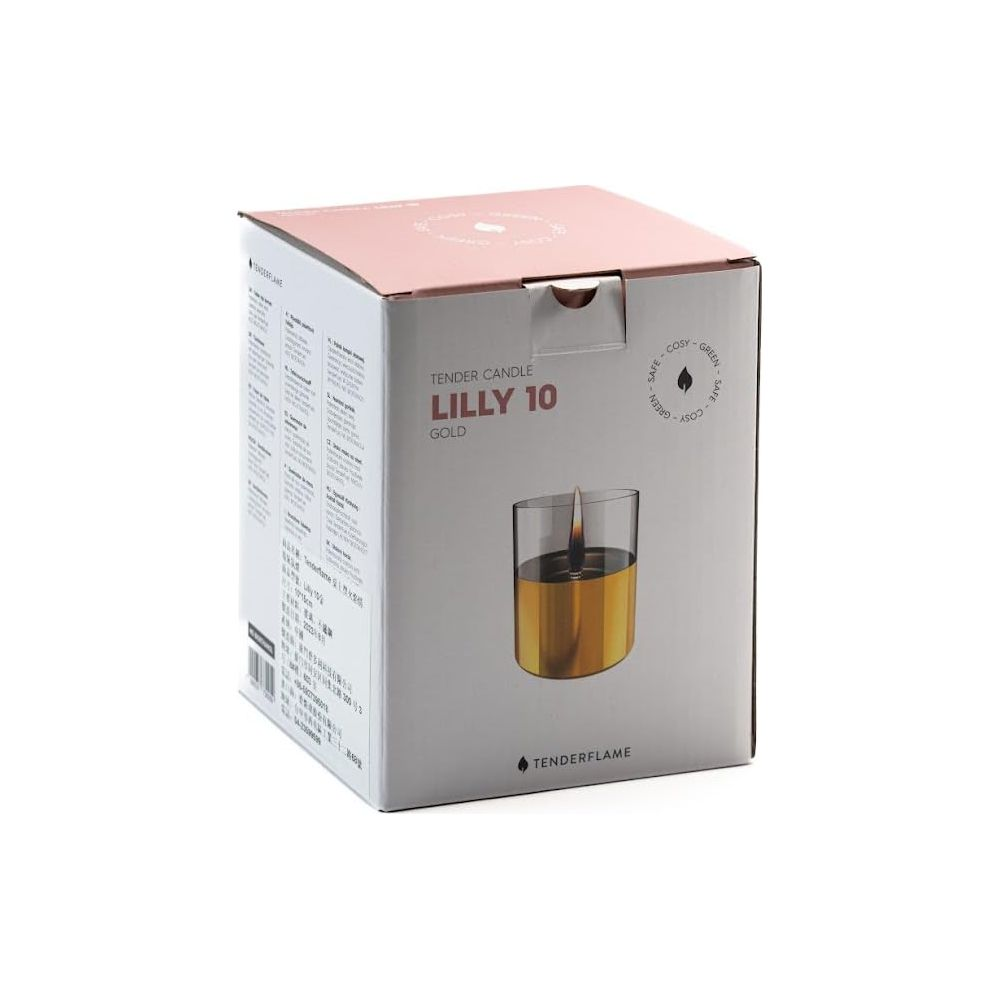 Scatola Tender Candle Lilly 10 Gold con candela accesa in vetro.