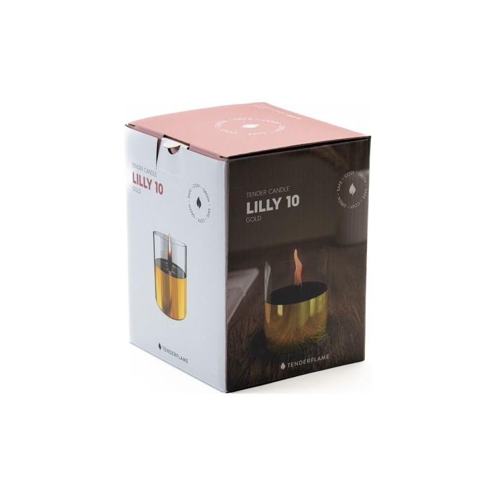 Scatola per una candela dorata Tenderflame LILLY 10 con fiamma.