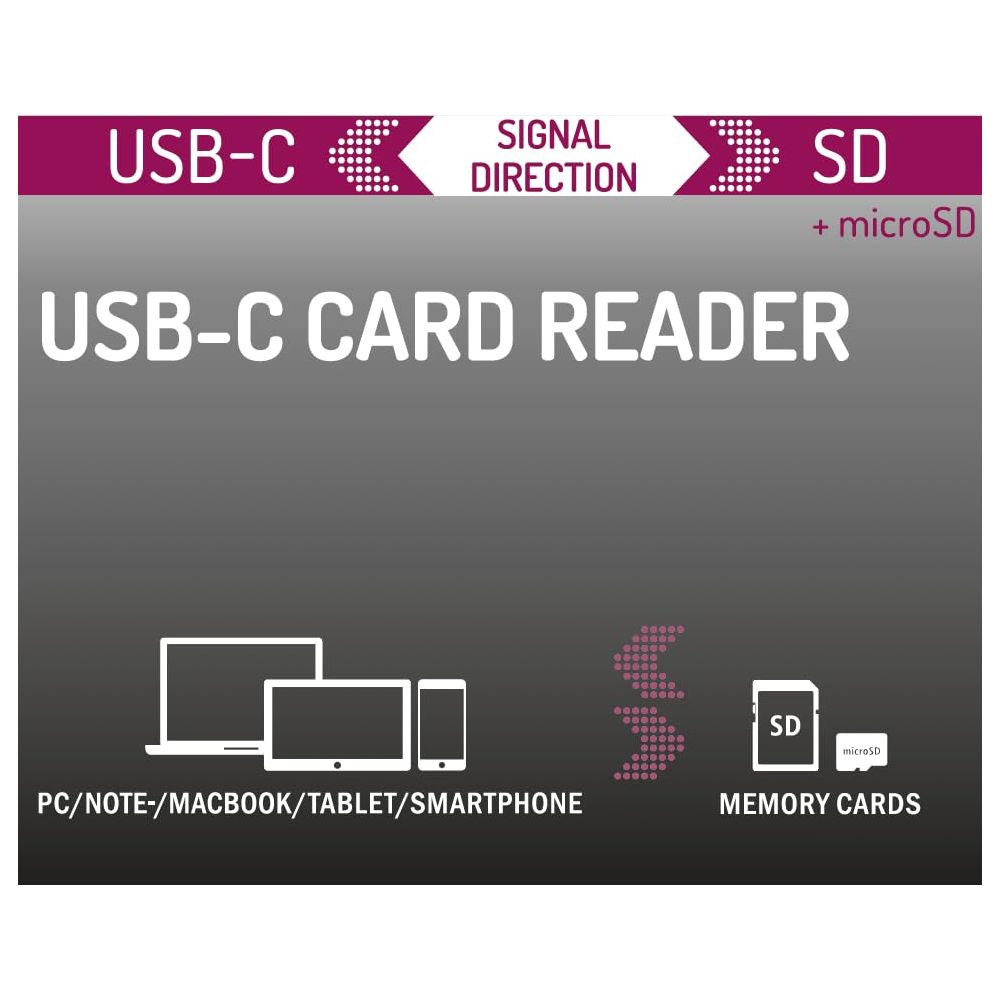 USB-C Kartenleser für PCs, Laptops, Tablets und Smartphones, mit SD- und microSD-Steckplätzen.