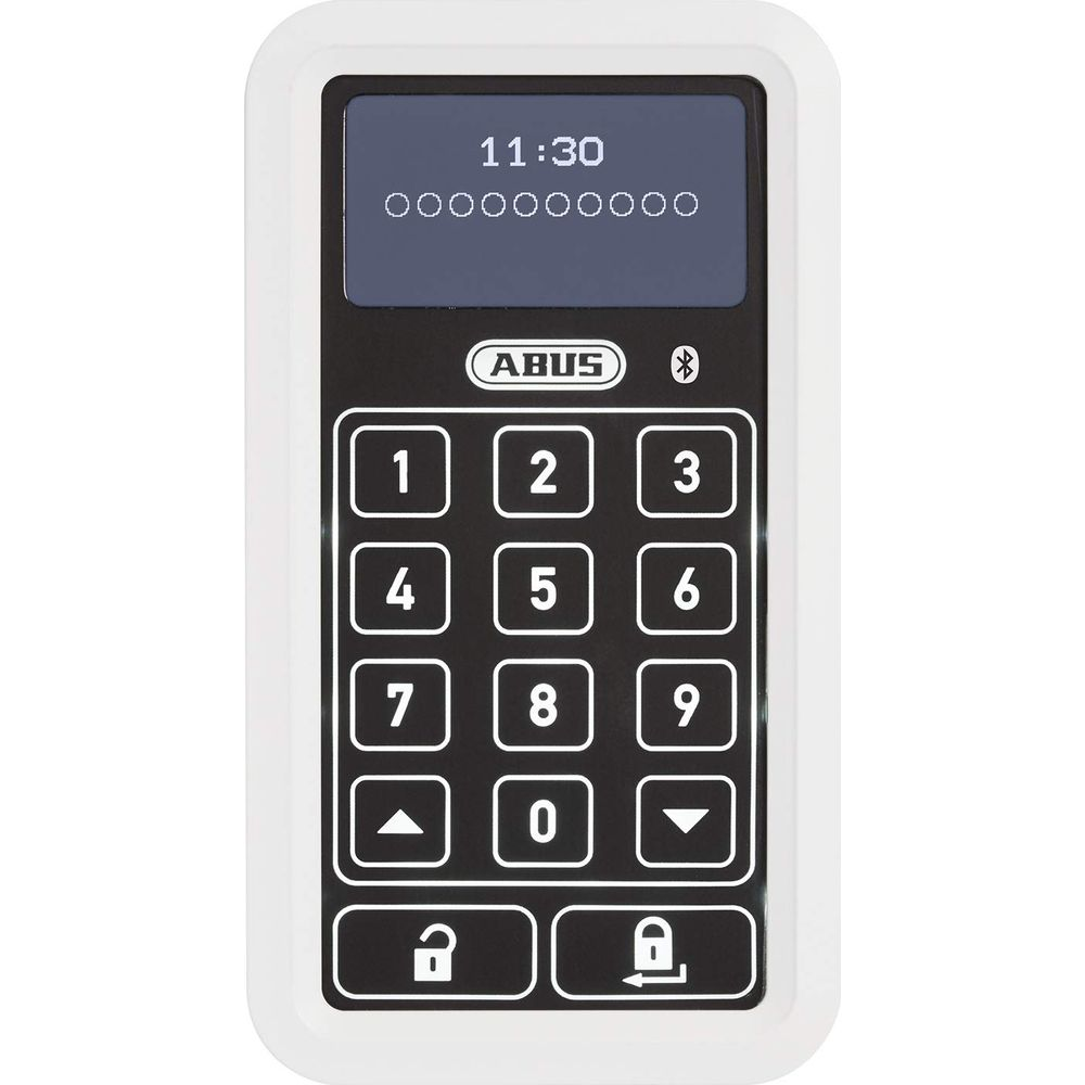 Ein weißes ABUS Tastaturfeld mit Zahlen 0-9, Pfeiltasten, Schloss-Symbolen.