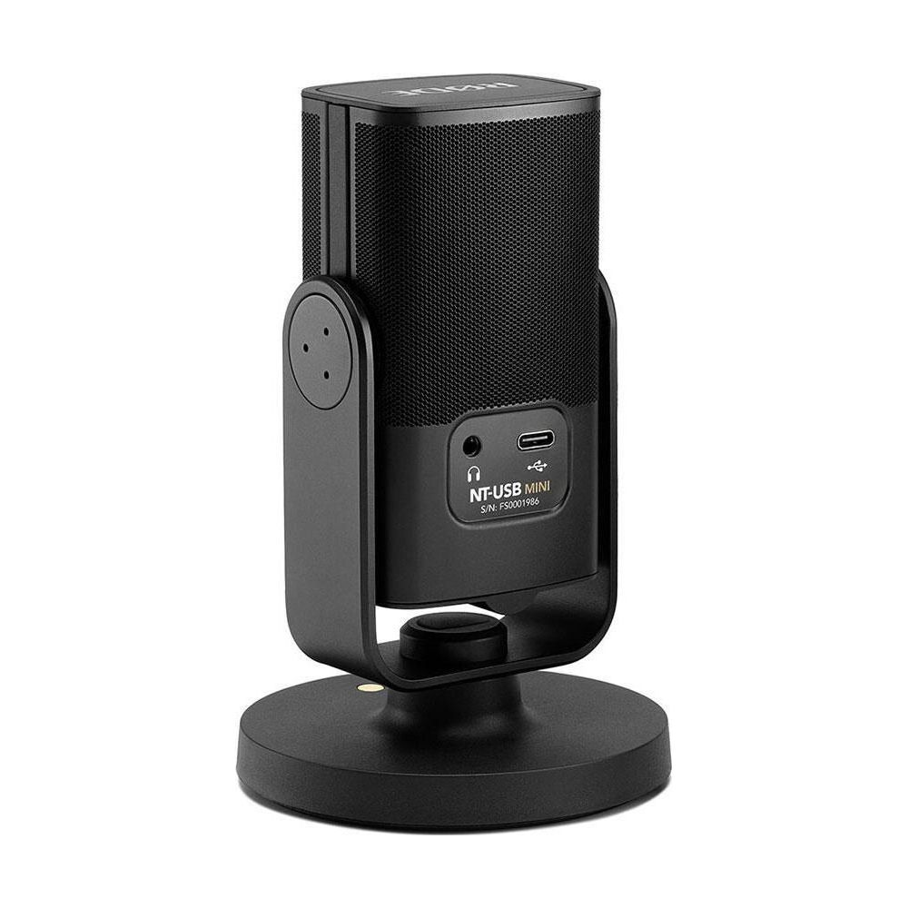 Czarny mikrofon USB NT-USB MINI na okrągłej podstawie, białe tło.