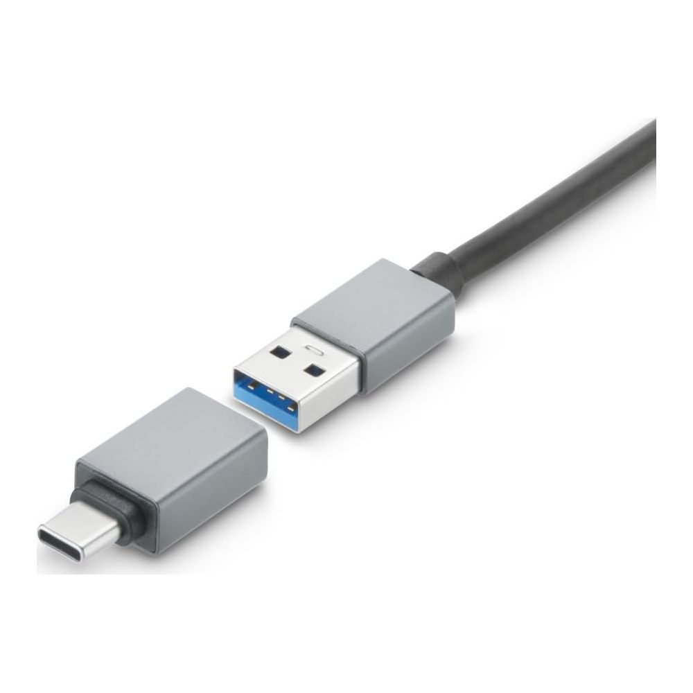 Szary kabel USB-C z niebieskim złączem USB 3.0 na białym tle.
