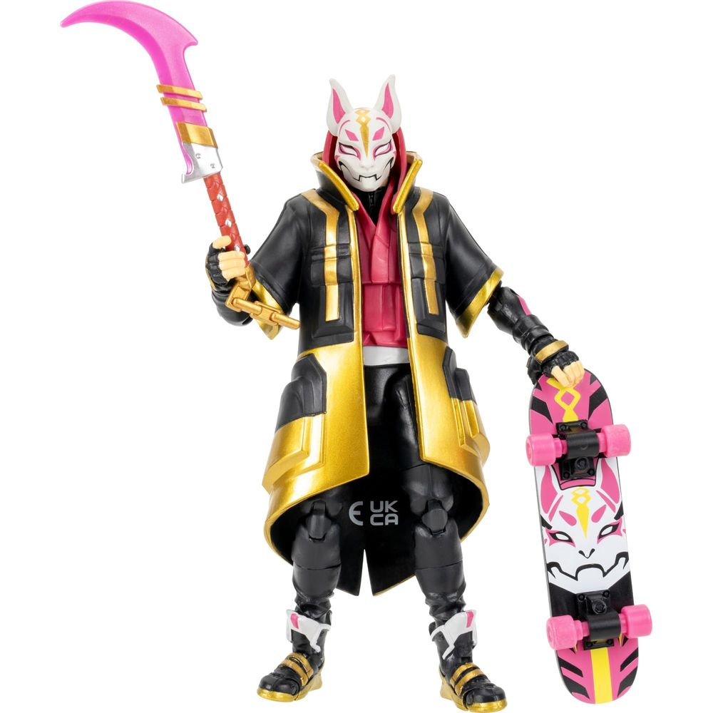 Eine Figur mit Wolfsmotiv-Maske, schwarzer Jacke, rosafarbenem Hemd, Skatebord und Sichel.