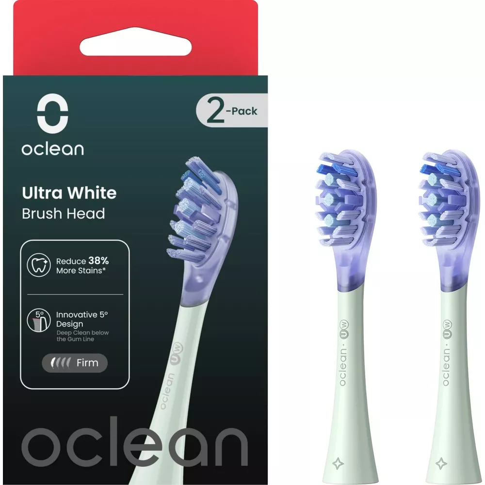Two Oclean Ultra White brush heads with purple bristles, one on packaging and two beside it.