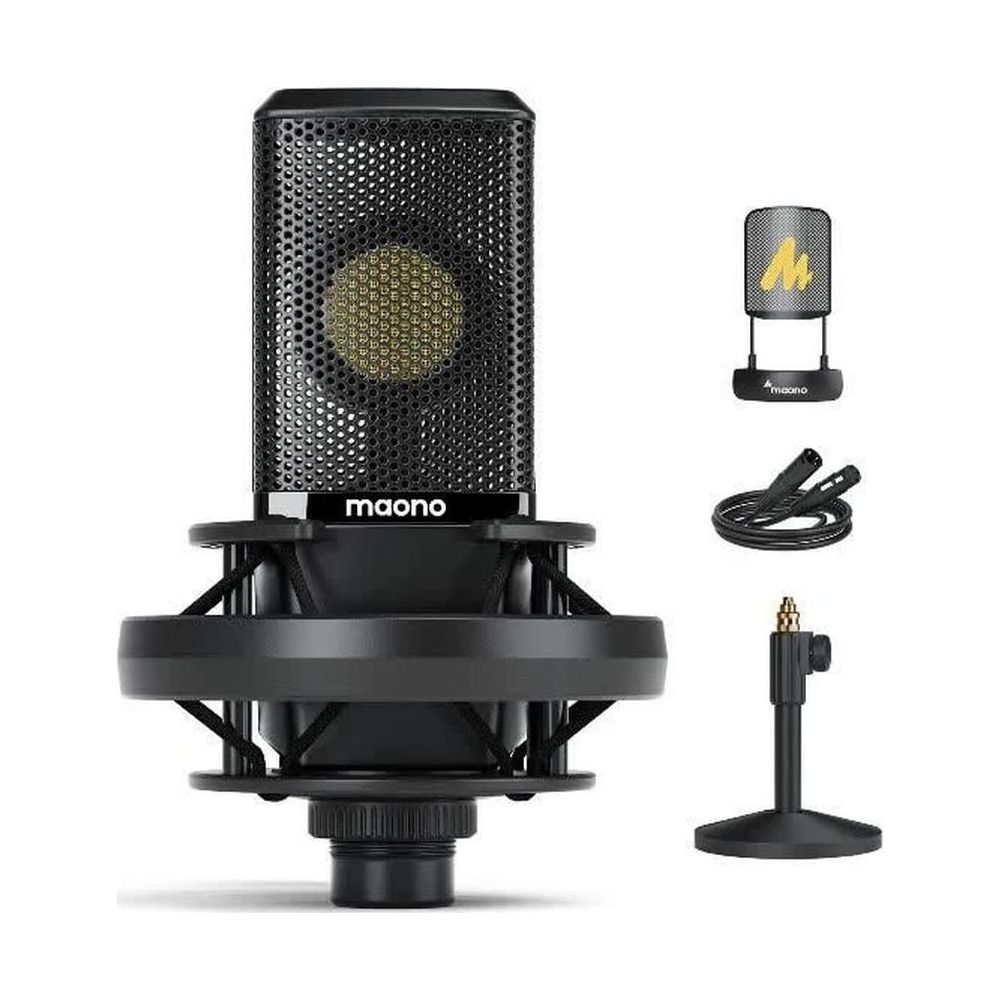 Microfono a condensatore nero con supporto elastico, microfono piccolo, cavi e supporto.