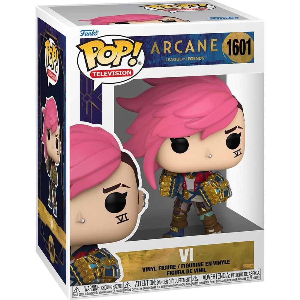 Figura Funko Pop! de Vi de Arcane, con pelo rosa y armadura dorada.