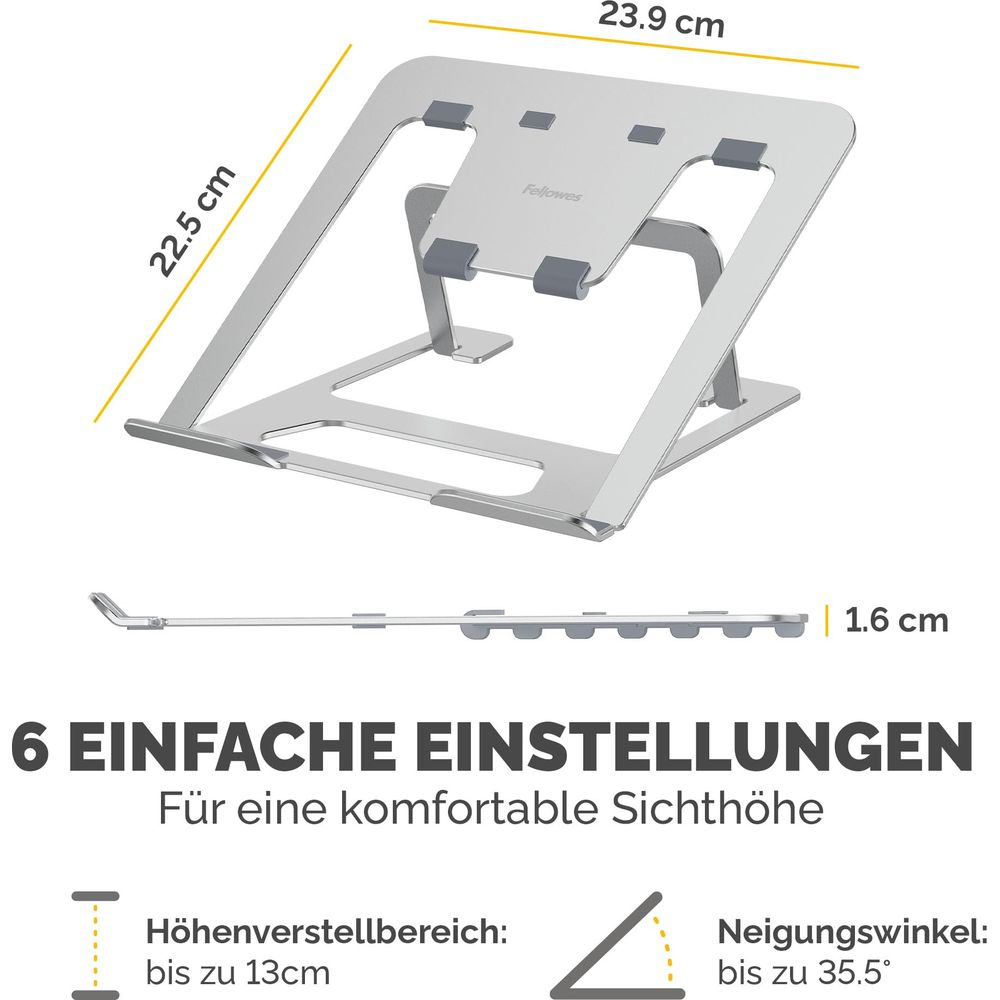 Un supporto d'argento per laptop con dimensioni e opzioni di regolazione.