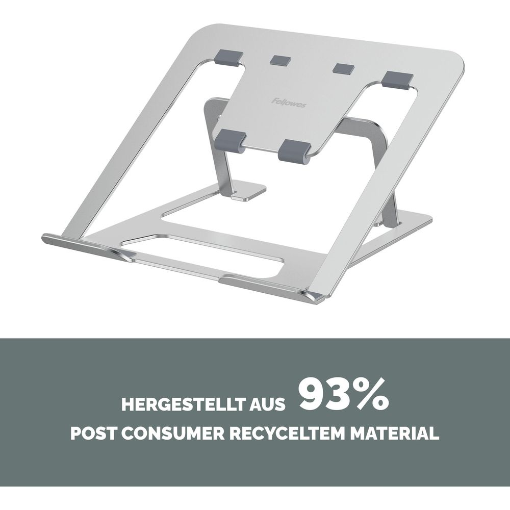 Supporto argento per laptop con logo Fellowes e impugnature.