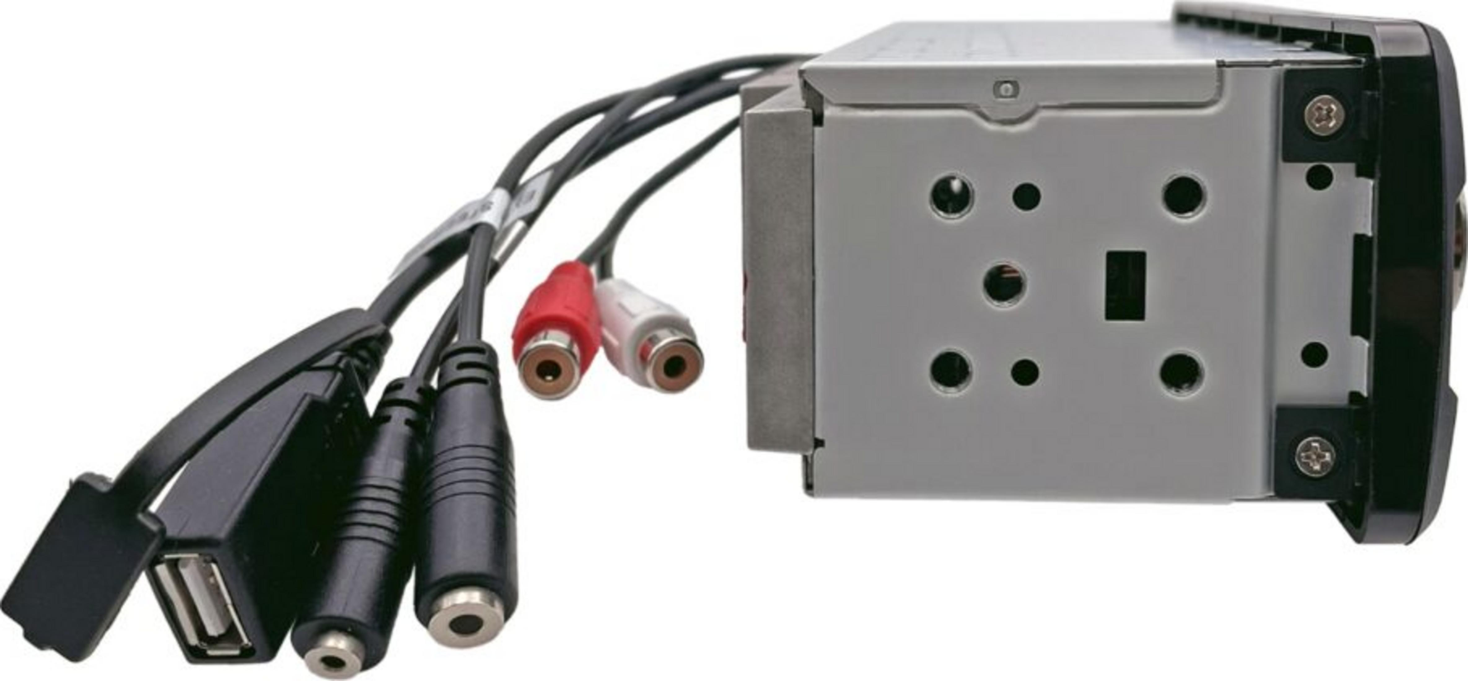 Ein Autoradio mit Anschlüssen: USB, 3,5mm Klinke, rot/weiße Cinch-Stecker.
