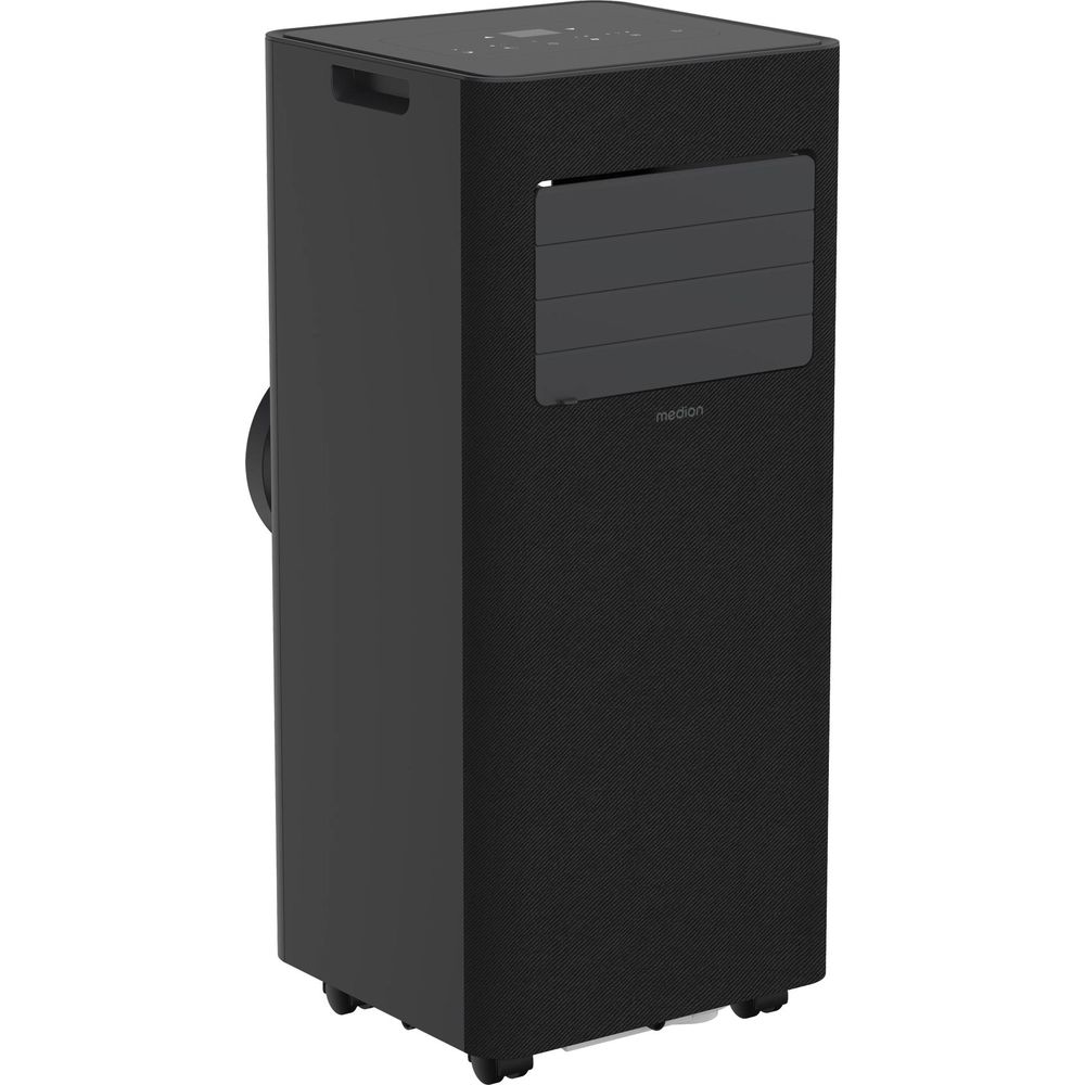 Black, rectangular air cooler with wheels and horizontal vents.
