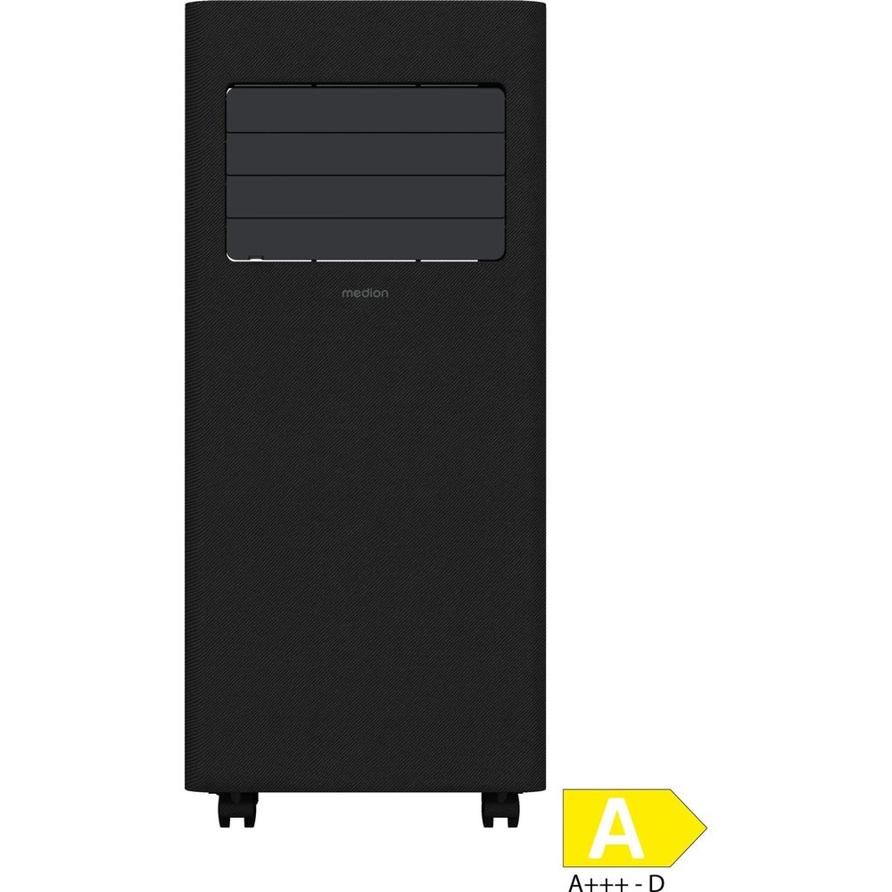 Black Medion air conditioner with energy efficiency label A+++ - D on white background.