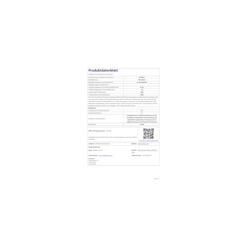 Product data sheet with technical specifications and contact information.