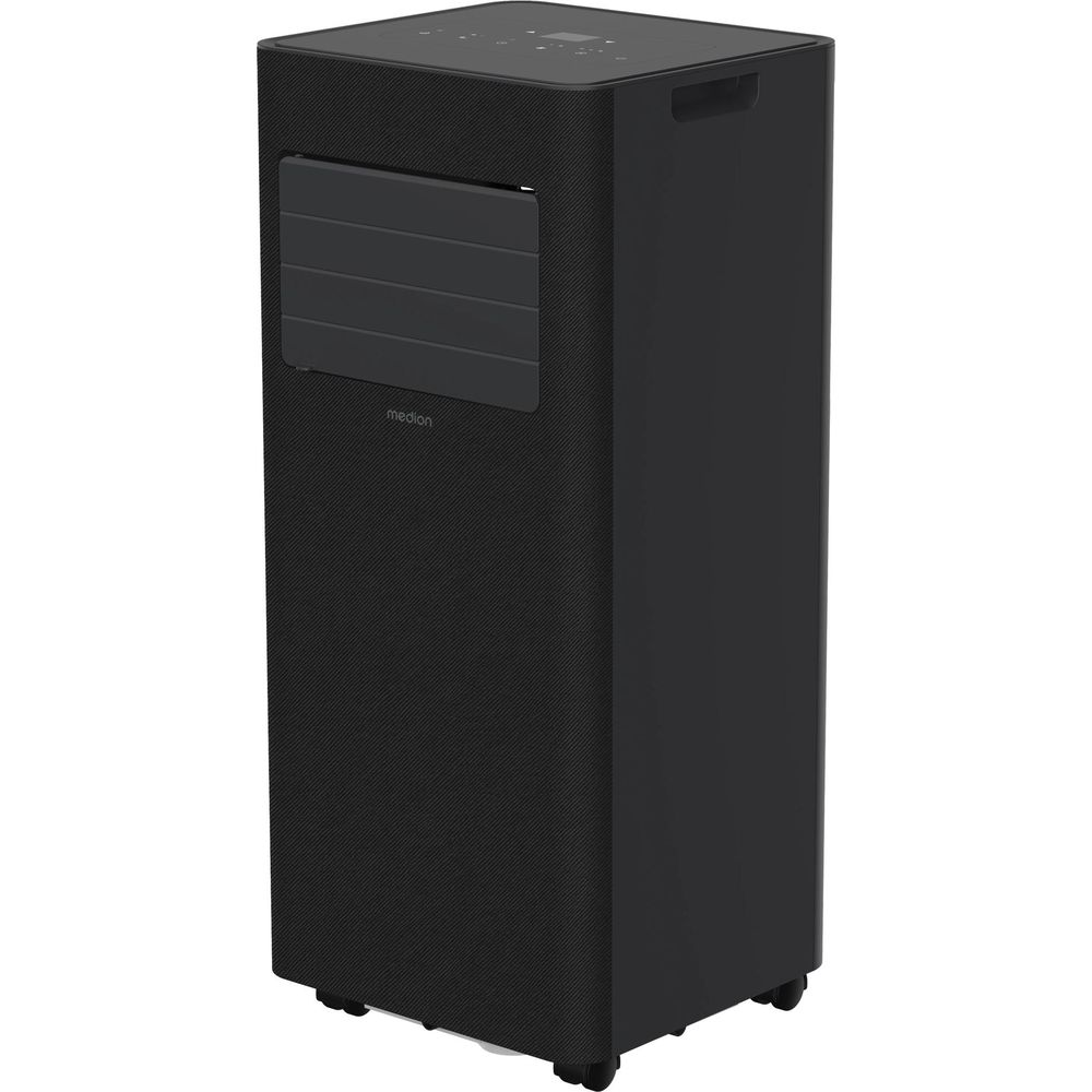 Black Medion air cooler with wheels and front vents.