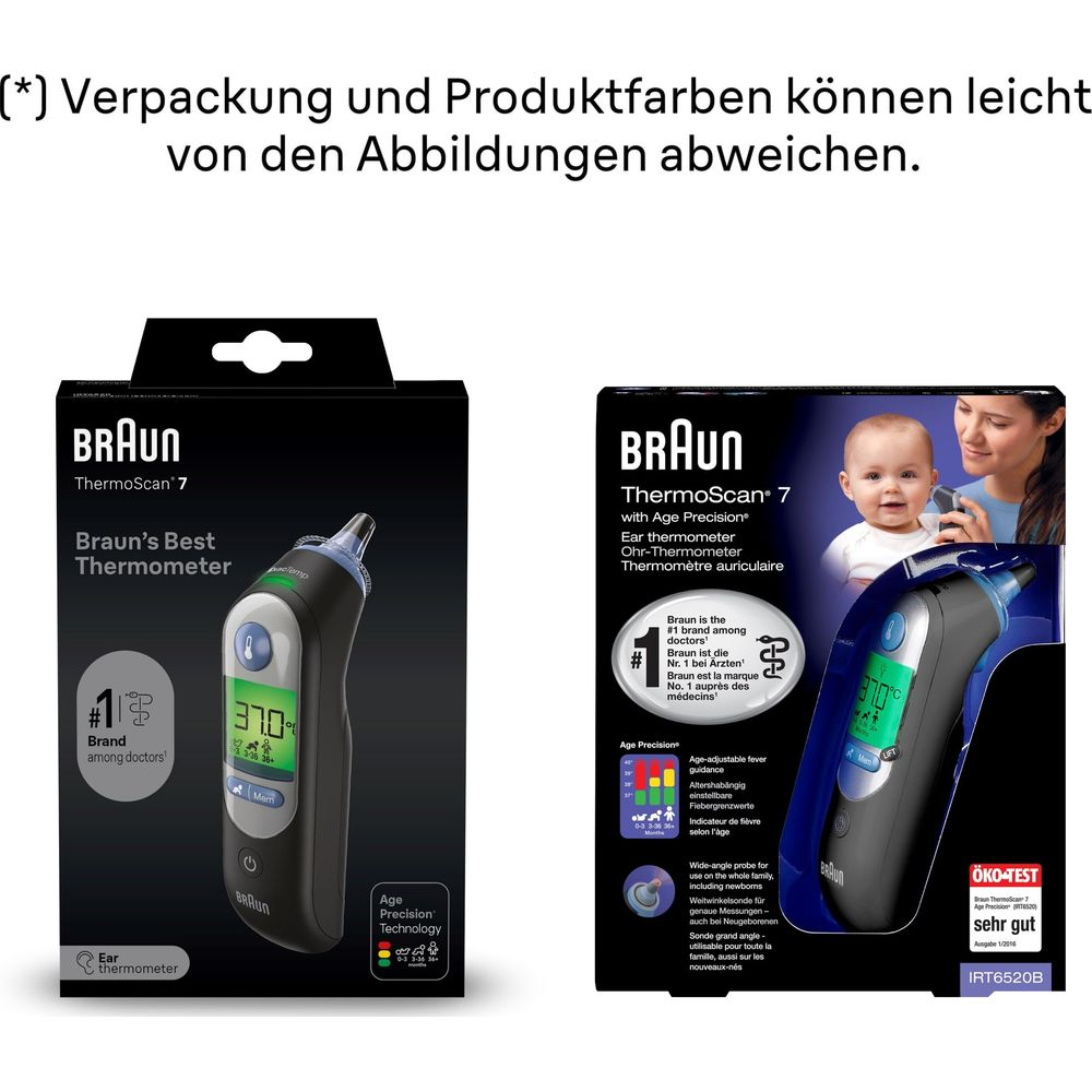 Termometro Braun ThermoScan 7 con Age Precision, su confezione e immagine prodotto.