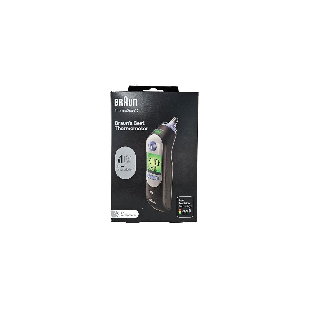 Confezione Braun ThermoScan 7 con termometro auricolare e dettagli prodotto.
