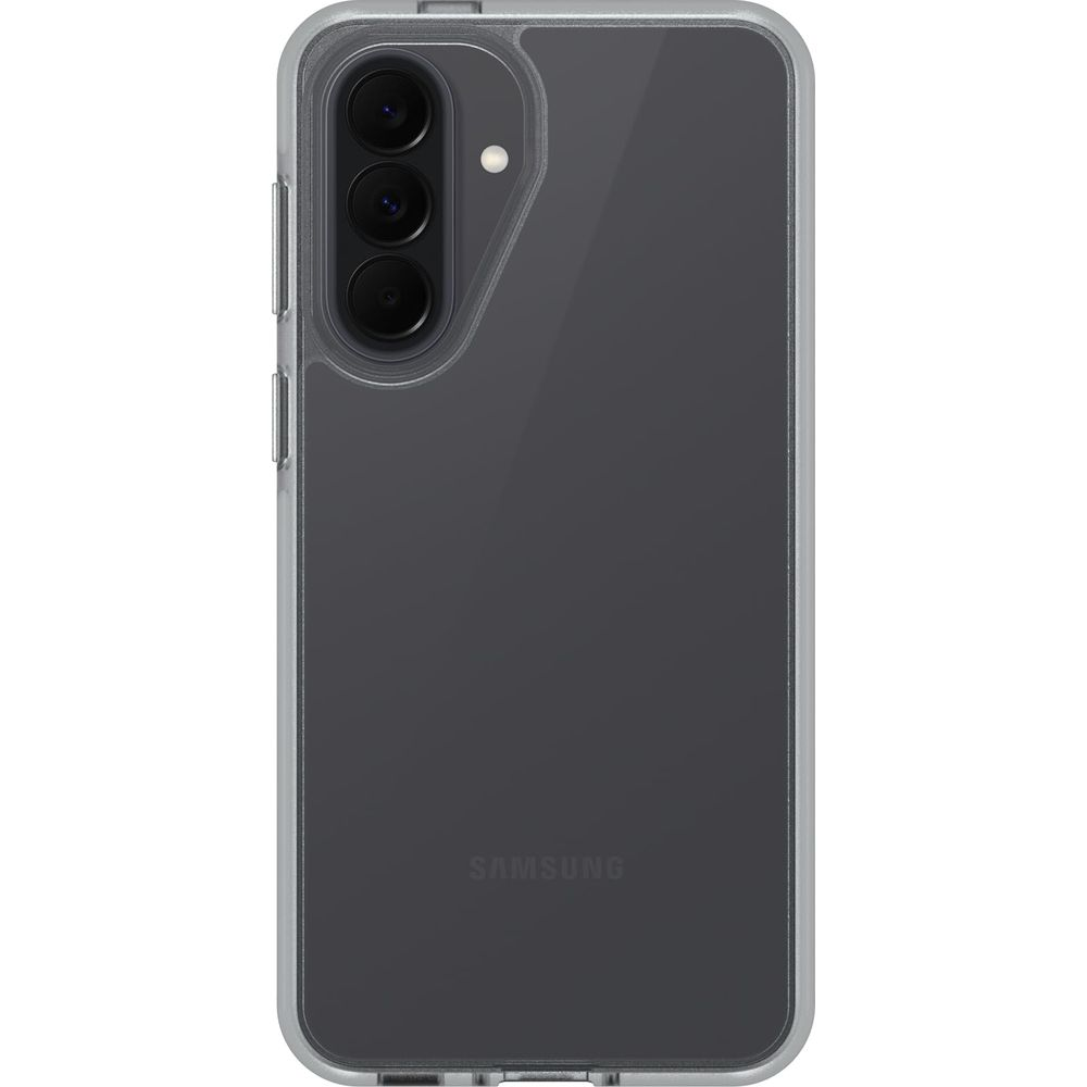 Een doorzichtige telefoonhoes met zilveren rand en drie cameralenzen.