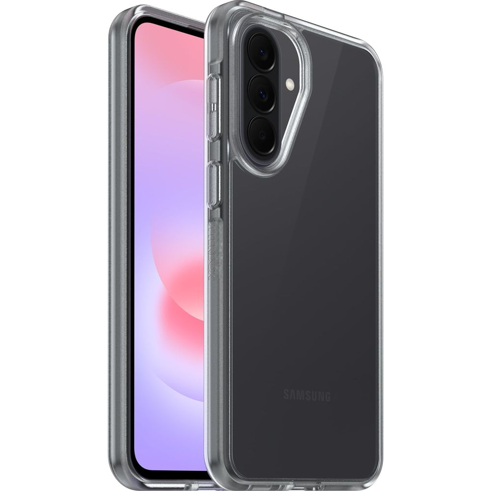 Een doorzichtige telefoonhoes met een Samsung smartphone, witte achterkant.