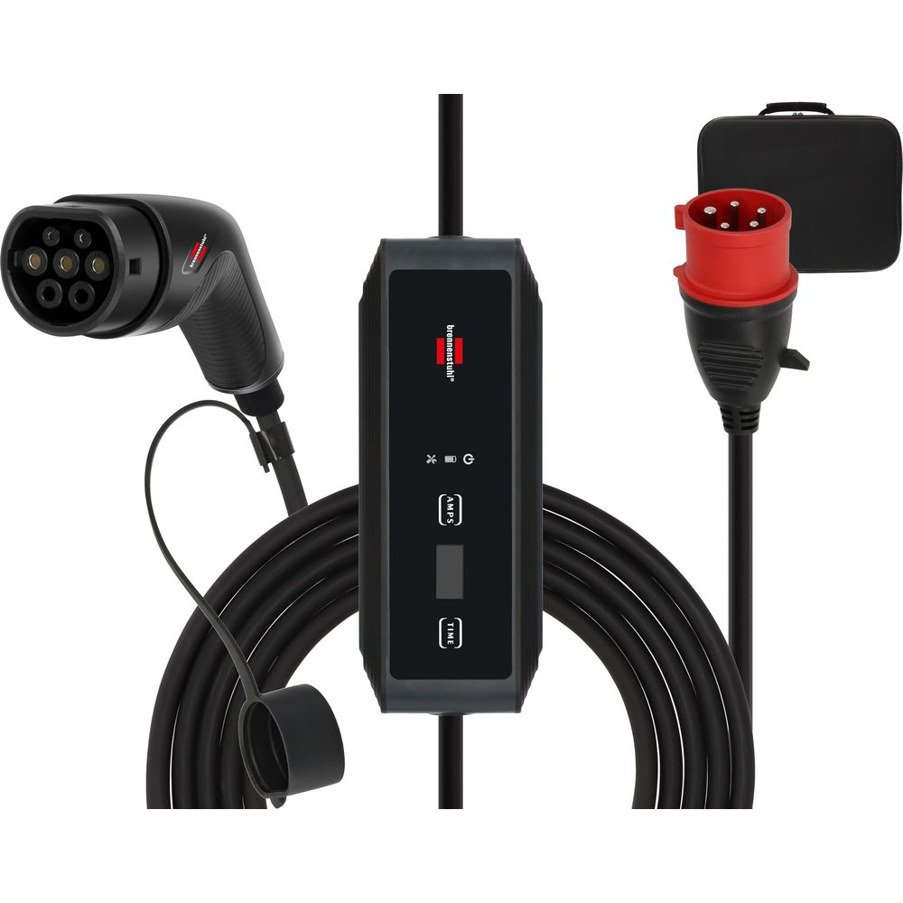 Tip 2 konektörlü, kontrol kutulu ve kırmızı endüstriyel fişli siyah elektrikli araç şarj kablosu.
