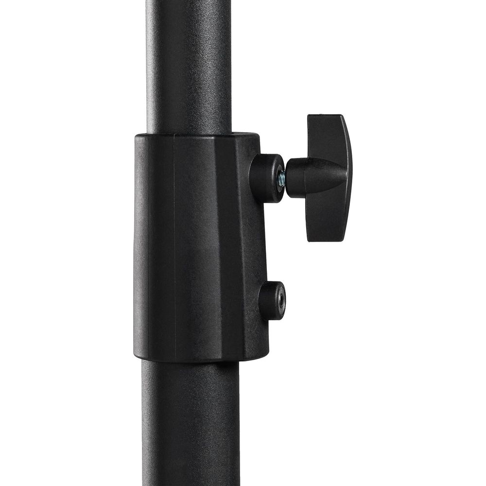 Een zwarte knop en bout op een zwarte standaard.