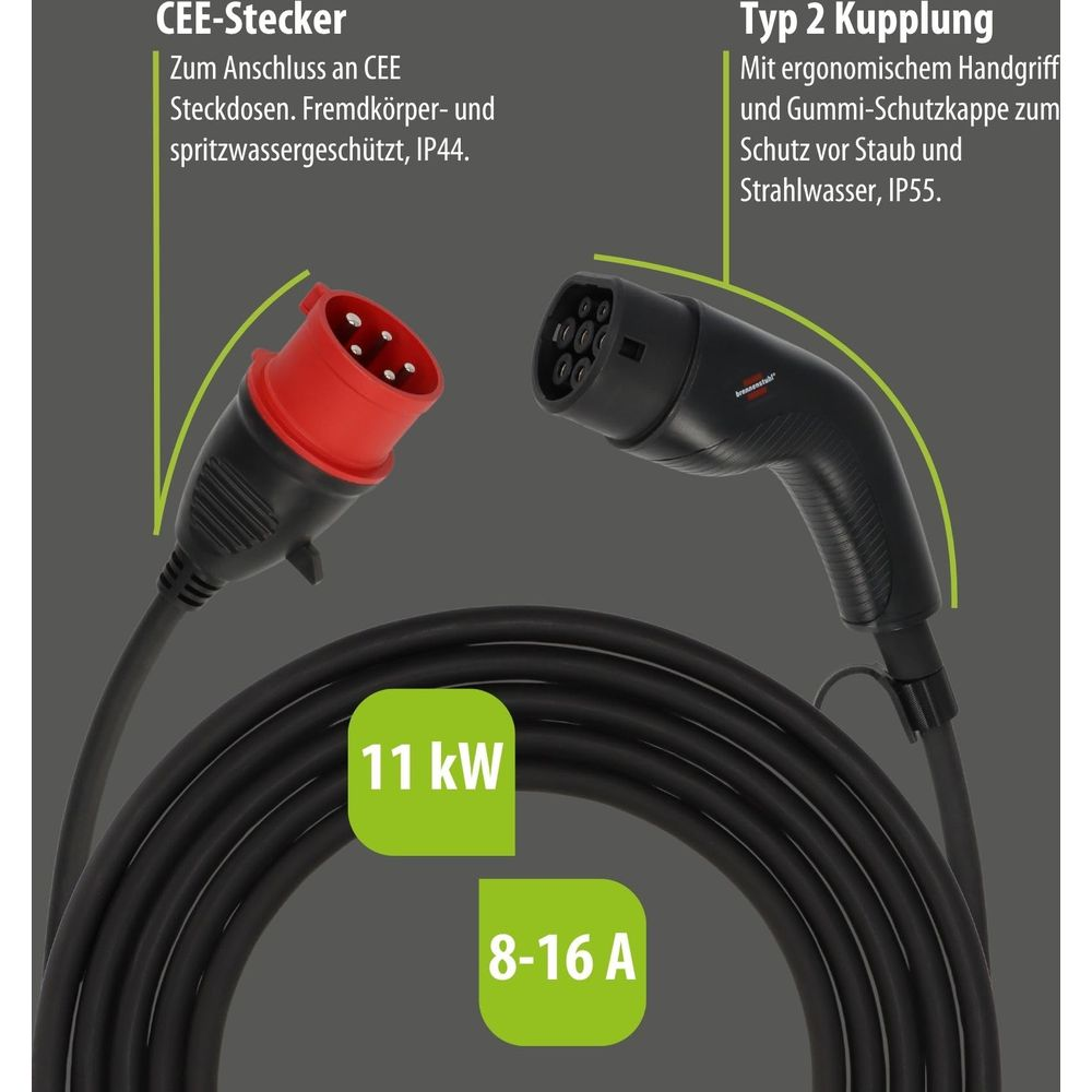 CEE fiş ve Tip 2 kuplaj kablolu, 11 kW, 8-16 A.