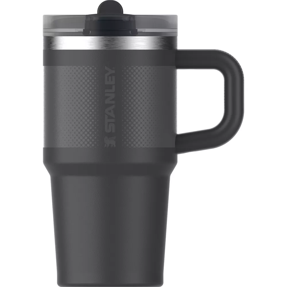 Sarı ve şeffaf kapaklı koyu gri Stanley termos bardak.