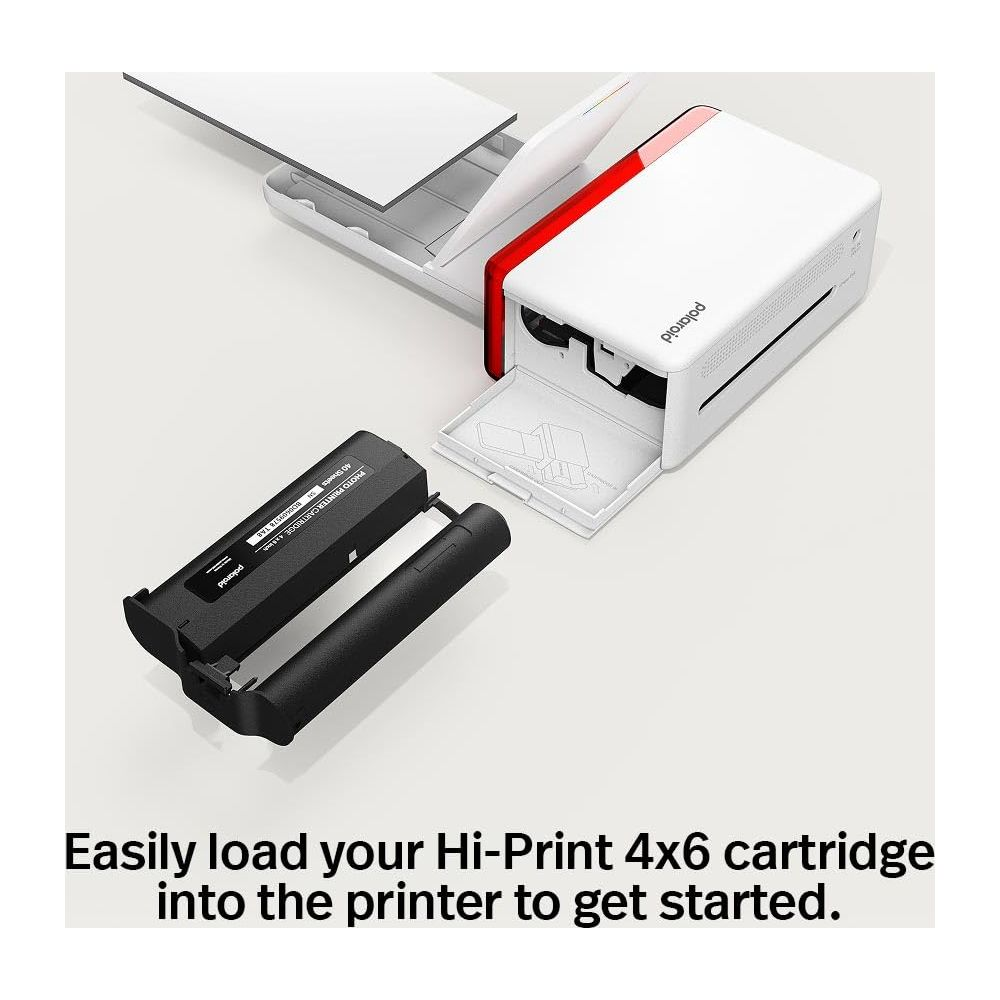 Ein weißer Polaroid-Drucker mit rotem Akzent neben einer schwarzen Hi-Print 4x6-Kassette.