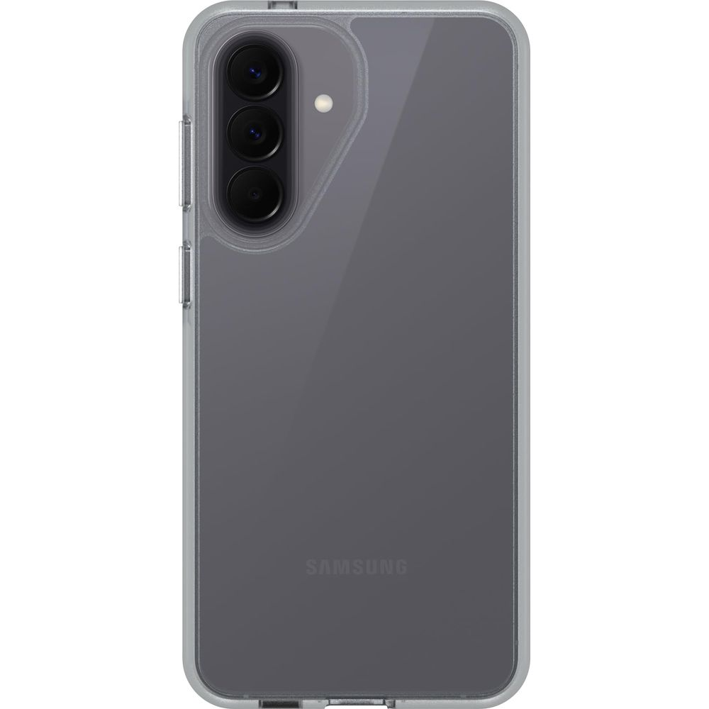 Graues Samsung Smartphone mit drei Kameras und Blitz in einer transparenten Hülle.