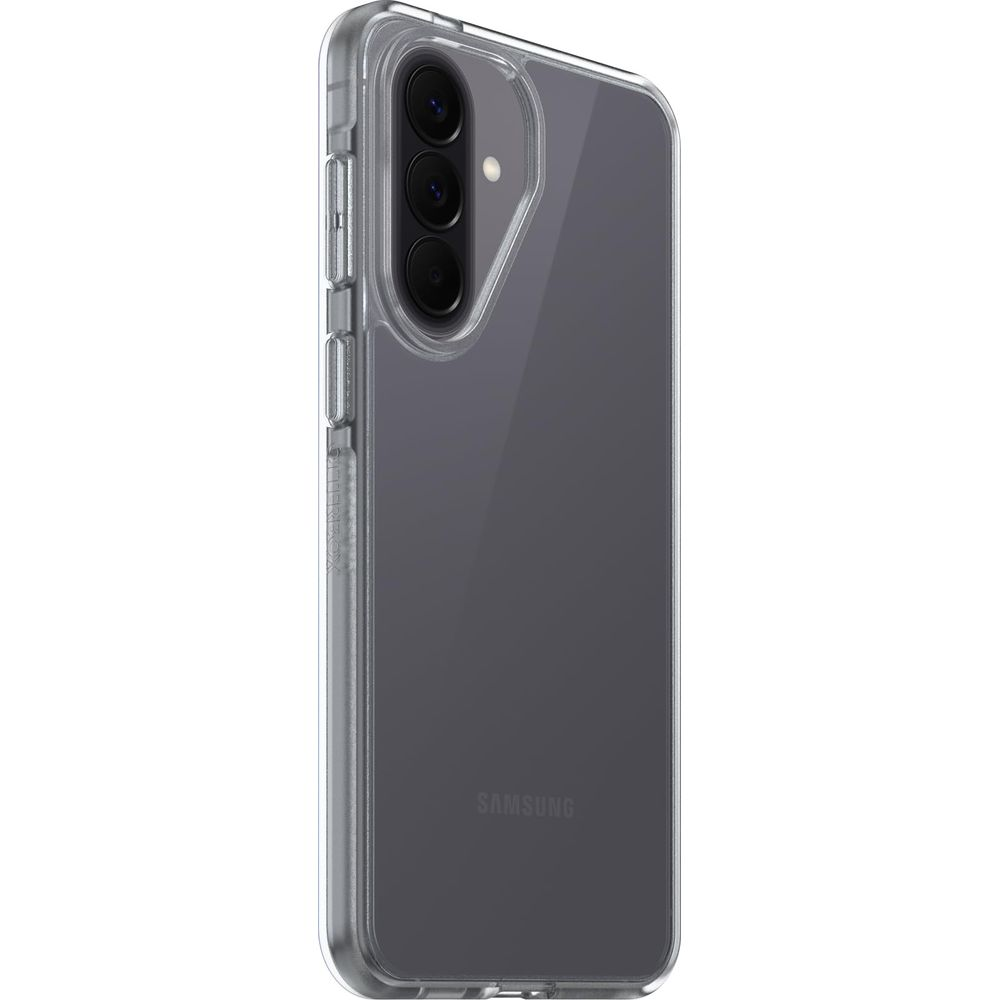 Transparente Handyhülle mit drei Kameras auf der Rückseite und Samsung-Logo.