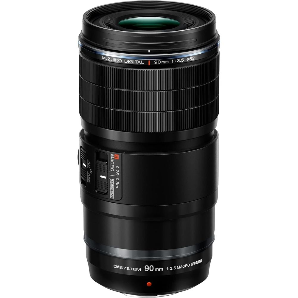 Schwarzes OM System M.Zuiko Digital 90mm Makroobjektiv mit Fokusbegrenzungsschalter.