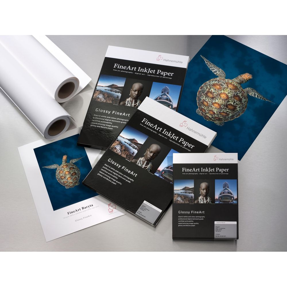 Hahnemühle FineArt-Druckpapier-Packungen und eine Schildkröten-Druck auf blauem Grund.