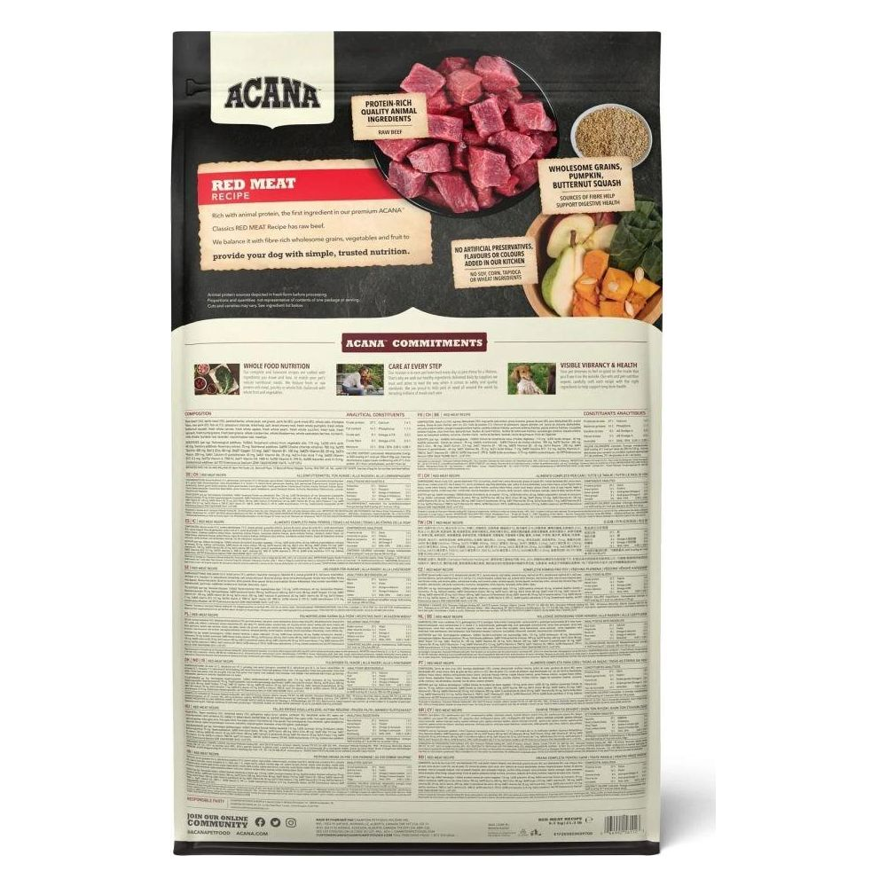 Torba karmy dla psów Acana Red Meat: Surowa wołowina, zboża, dynia, cukinia, jabłka, jarmuż.
