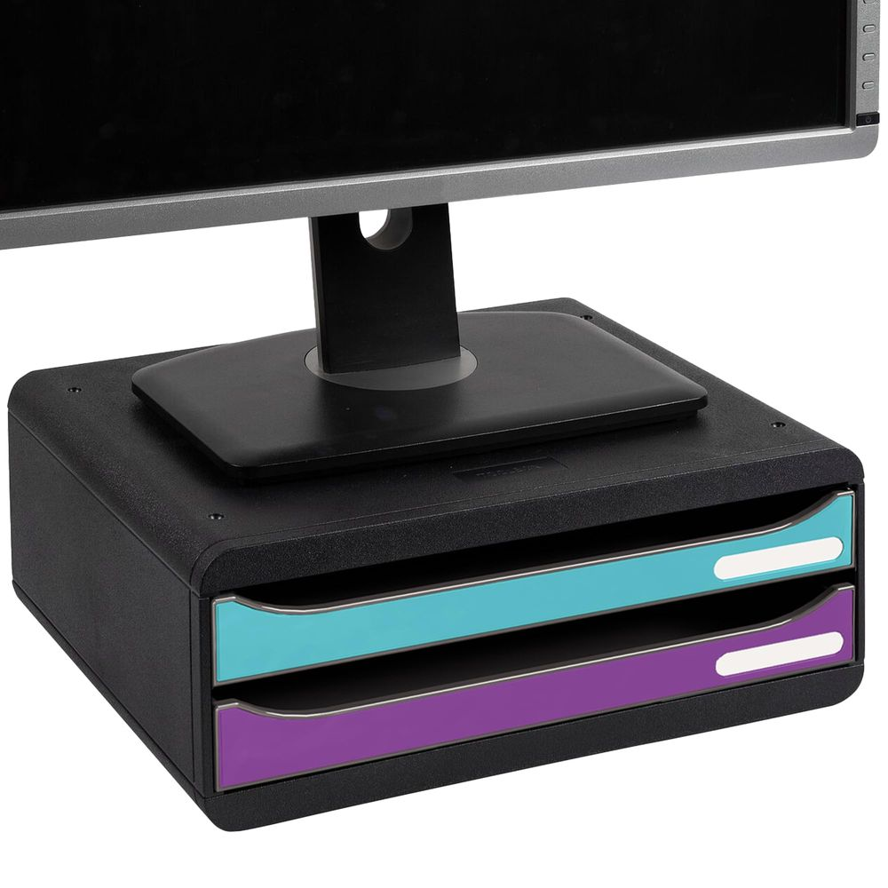 Un supporto per monitor nero con due cassetti, uno blu, uno viola.