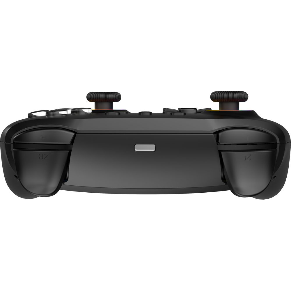 Eine schwarze Spielkonsole mit zwei Analogsticks und Tasten wird gezeigt.