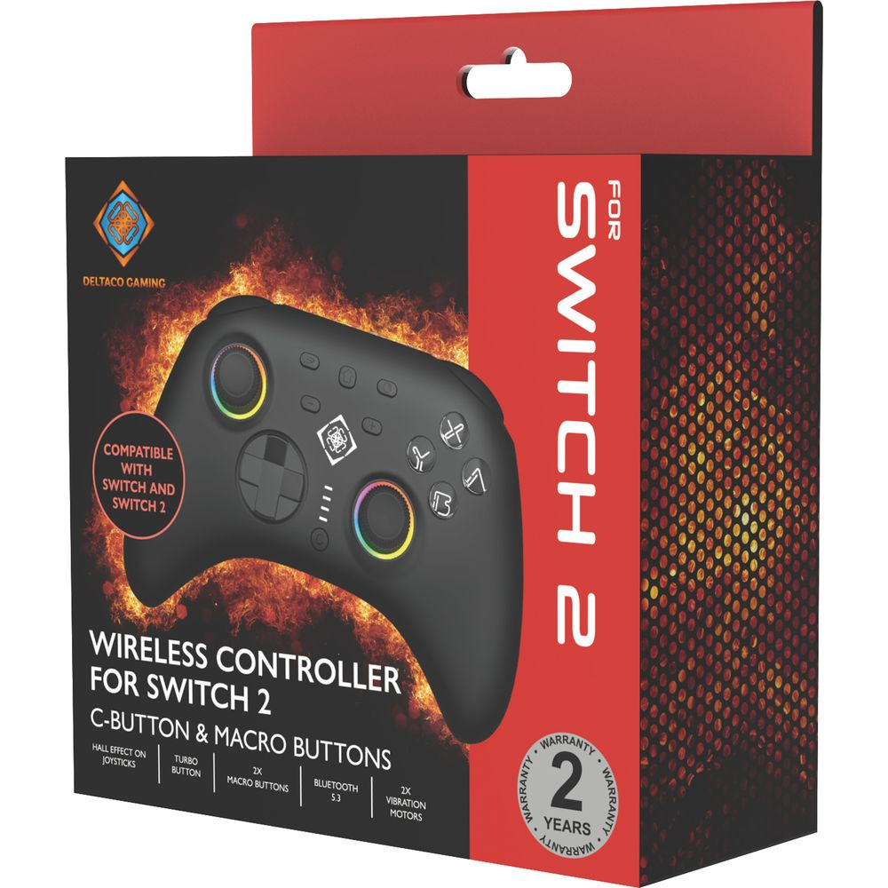 Verpackung eines schwarzen Wireless Controllers für Switch 2 mit Flammenhintergrund.
