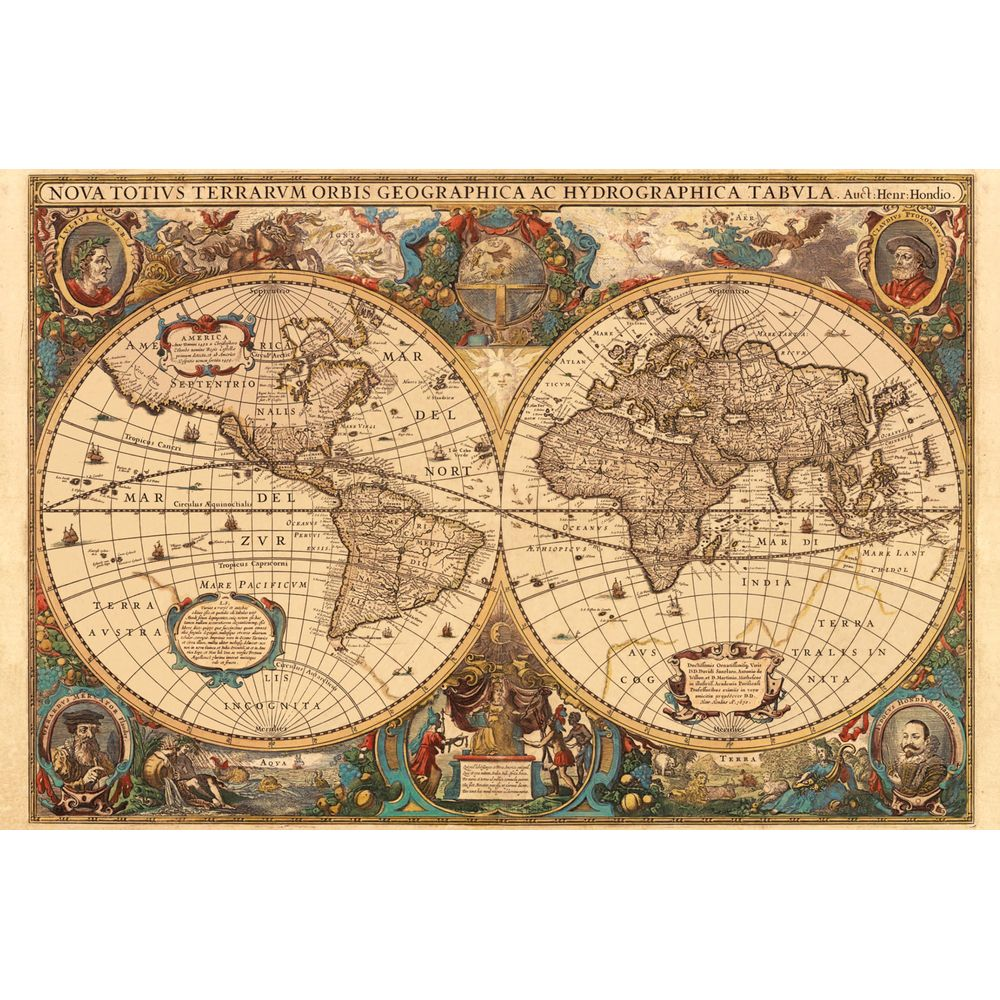 Une ancienne carte du monde montre les hémisphères avec des terres, des mers et des navires détaillés.