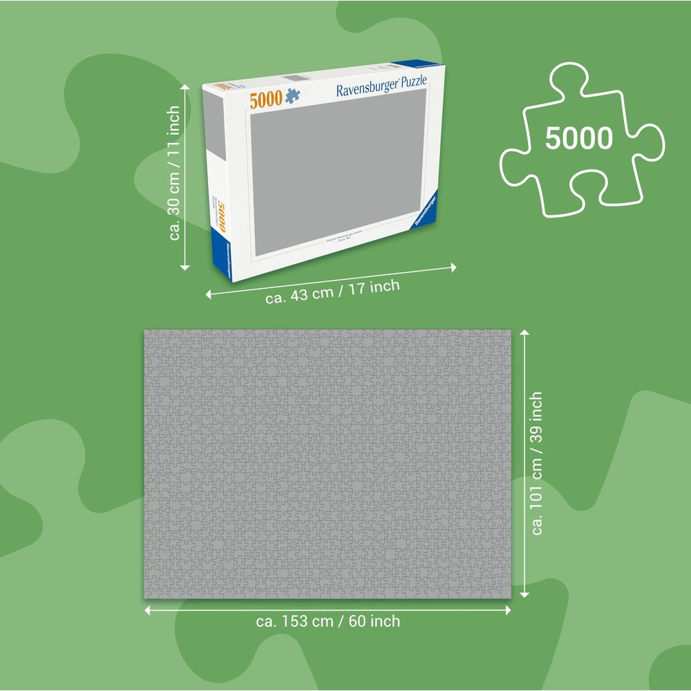 Puzzle Ravensburger (5000 pièces) avec dimensions, montré en boîte et en puzzle déplié.