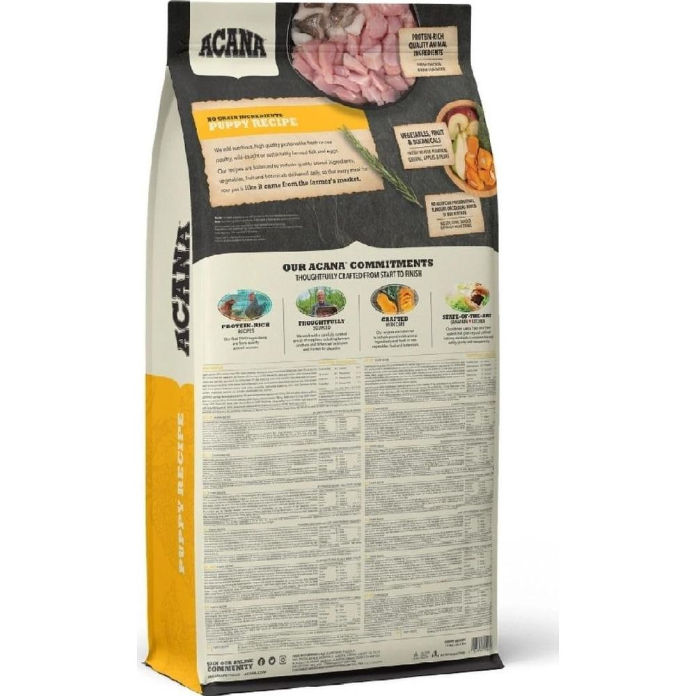 Bolsa de comida para perros Acana Puppy Recipe con ingredientes ricos en proteínas y verduras.