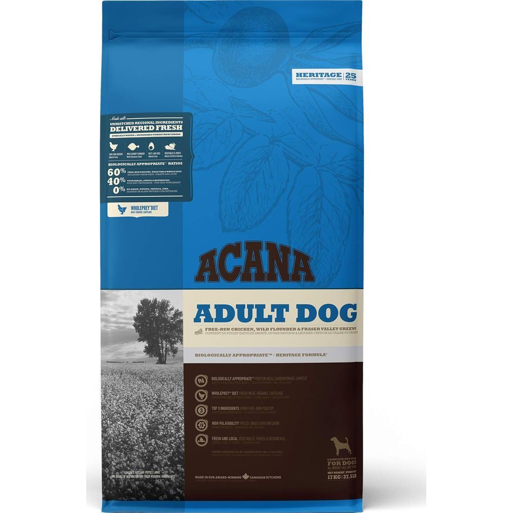 Torba karmy Acana Adult Dog z kurczakiem, płaską rybą i warzywami. Worek 17 kg.