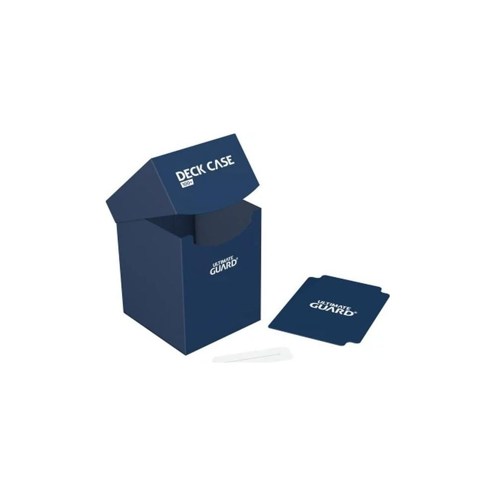 Un porta mazzo blu con coperchio aperto e una carta separata accanto.